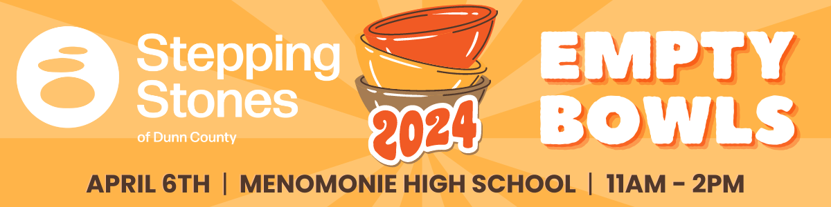 A graphic showing a stack of colorful bowls, the date of the event: April 6, 2024 11-2 at Menomonie High School. 